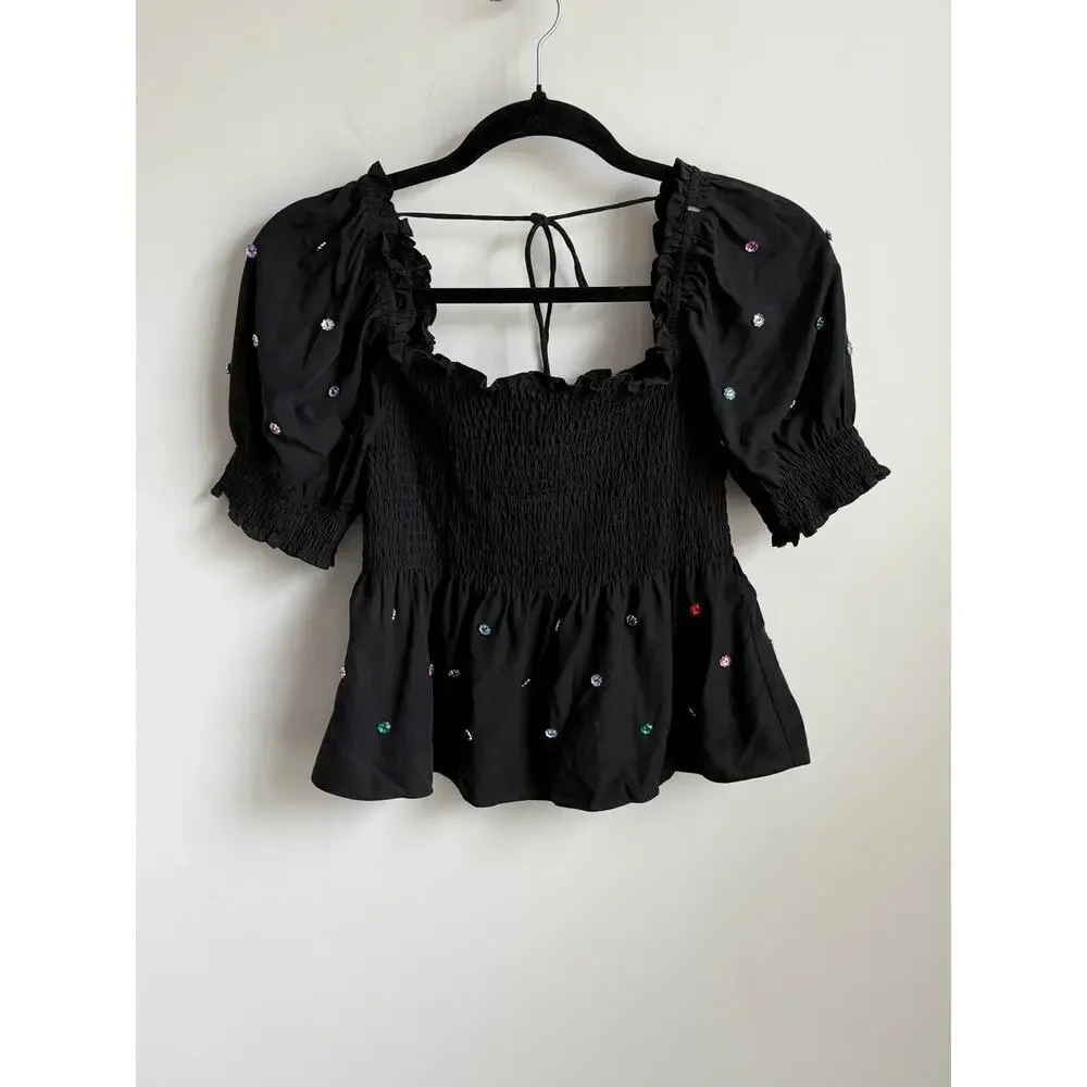 Hill House Home Jewel Jammie Puff Sleeve Smocked Peplum Blouse Top Black Small